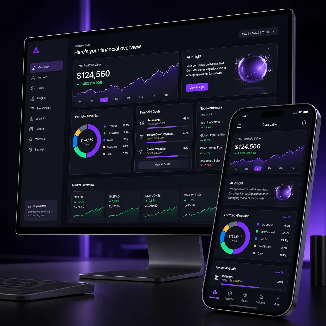 Telas desktop e mobile do projeto Webapp financeiro com insights