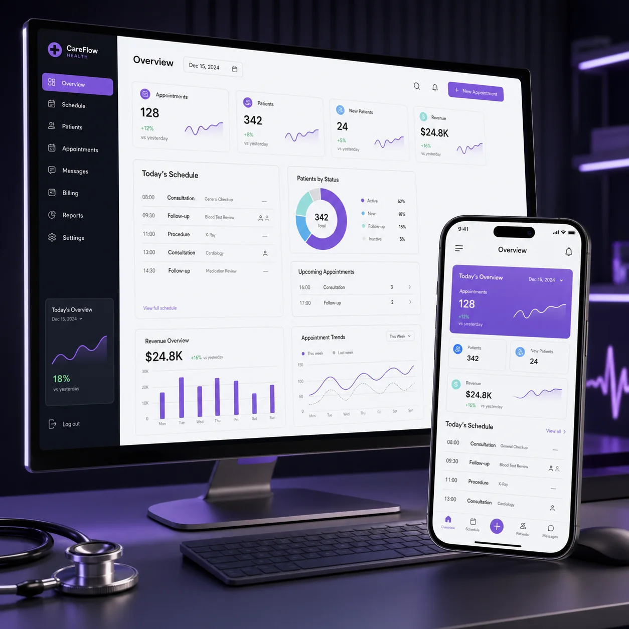Telas desktop e mobile do projeto Webapp de gestão de clínicas