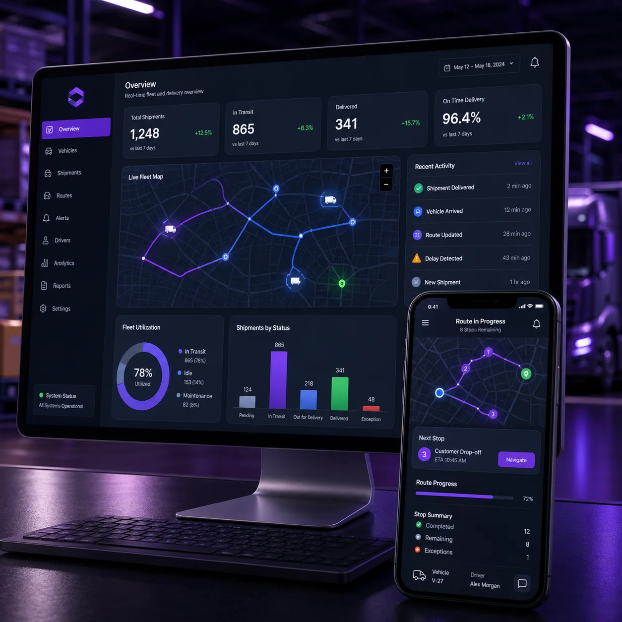 Telas desktop e mobile do projeto Webapp de logística e frotas