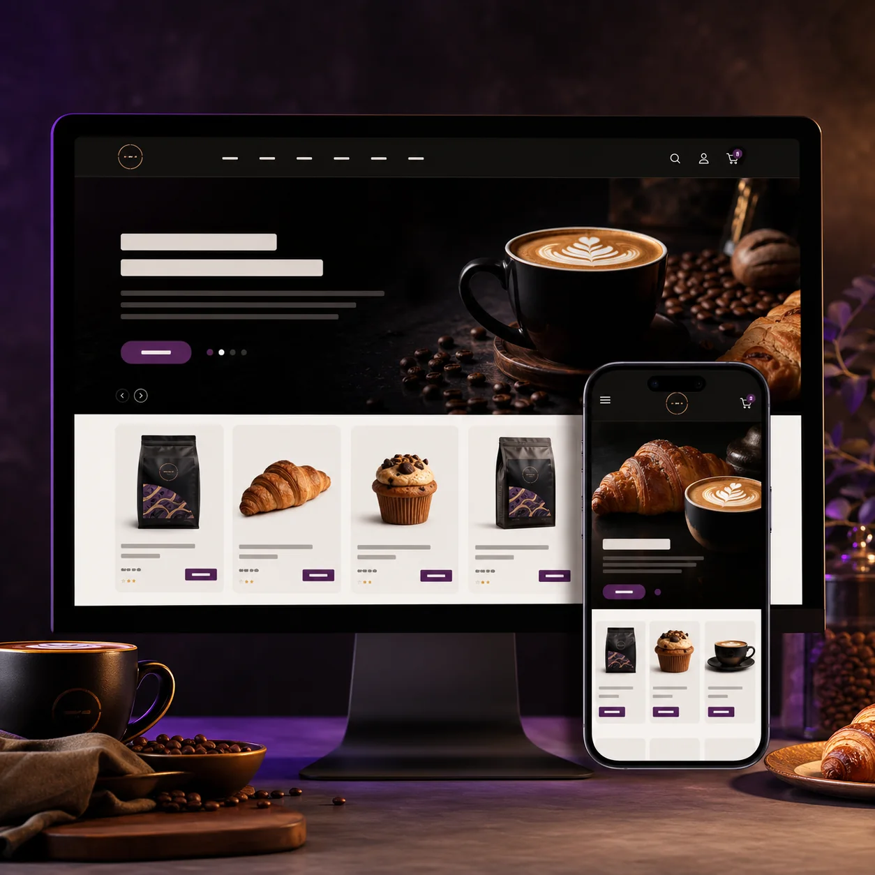 Telas desktop e mobile do projeto Website para cafeteria boutique