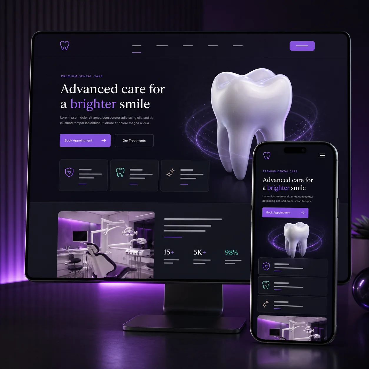 Telas desktop e mobile do projeto Website para clínica odontológica