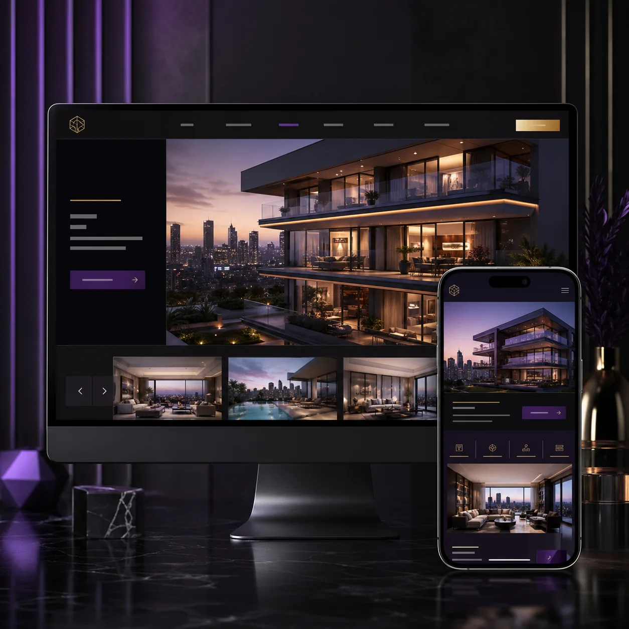 Telas desktop e mobile do projeto Website para imobiliária premium